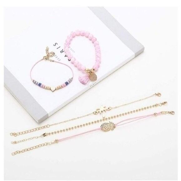 Pink Palm Beaded Boho Charm Bracelets Set of Five - Picture 4 of 5